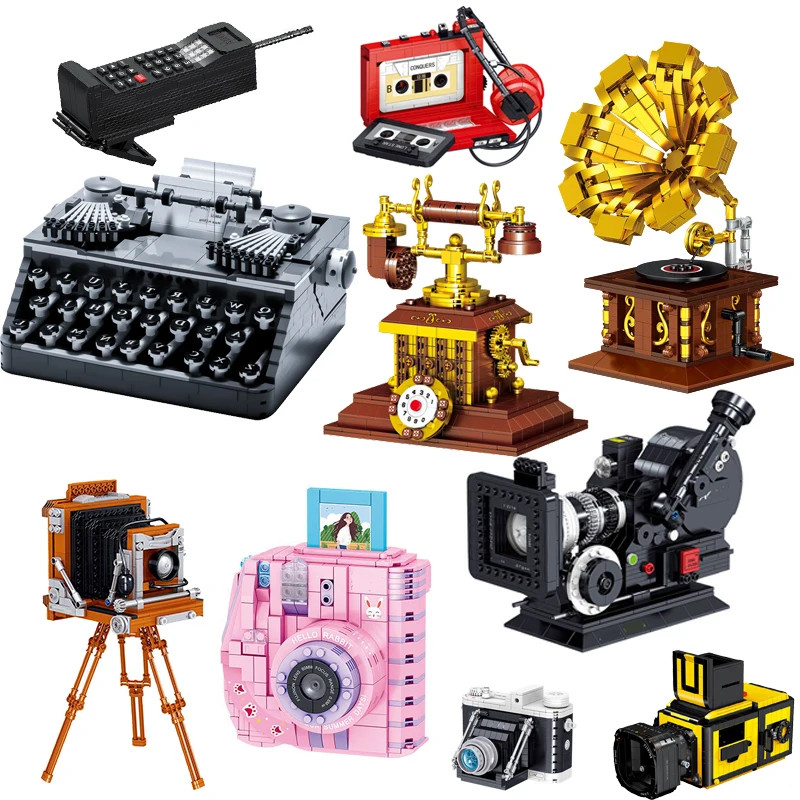 

Mini Blocks Creative Digital Camera Model Gramophone Building Kids Boys Ideas Moc Sets Emulate Friends Retro Typewright Phone