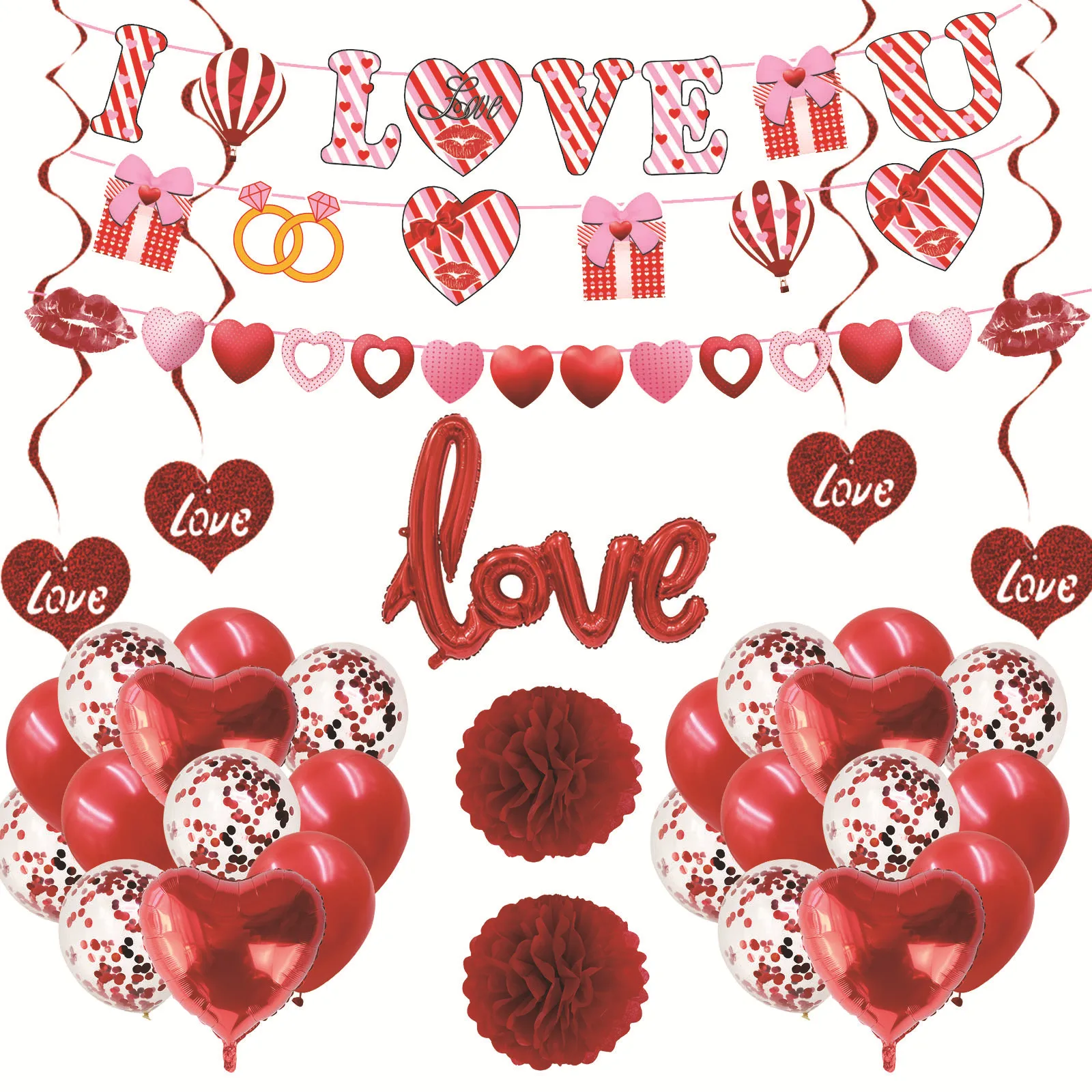 

SURSURPIRSE Valentine's Day Diamond Ring Banner Heart Foil Red Latex Balloon Hanging Spirals Paper Pompom for Wedding Supplies