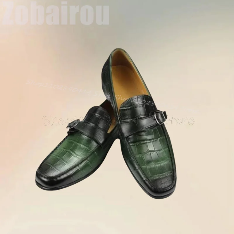 Лоферы мужские с крокодиловым принтом зеленые градиентные пряжкой модная