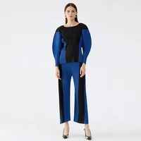 miyake style contrast color long sleeves top suit womens 2022 new womens clothing fashion two piece suit wide leg pants women