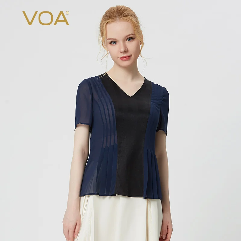 

(Clearance Sale) VOA Silk Jacquard Blue Georgette Folds Splicing Breathable Home Short-sleeved T-shirt Women Clothes BE118