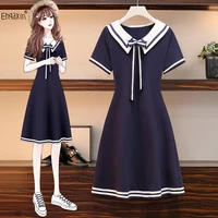 ehqaxin japanese dress summer women clothing 2022 sweet preppy style striped sailor collar with bow cotton tshirt dresses m 3xl