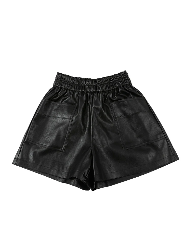 3 Color Casual A-Line PU Leather Shorts Women Pu Leather Shorts With Pockets Spring Loose Wide Leg High Waist Shorts