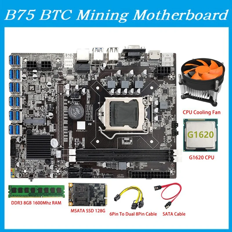 

AU42 -B75 BTC Mining Motherboard 12 PCIE To USB LGA1155 MSATA SSD 128G+DDR3 8GB 1600Mhz RAM+SATA Cable B75 ETH Motherboard