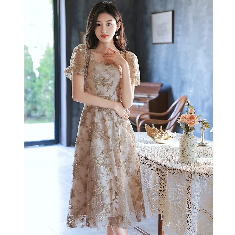 Banquet Evening Dress 2023 French Celebrity Light Luxury Lace Puff Sleeve Dress Vocal Performance Evening Dress