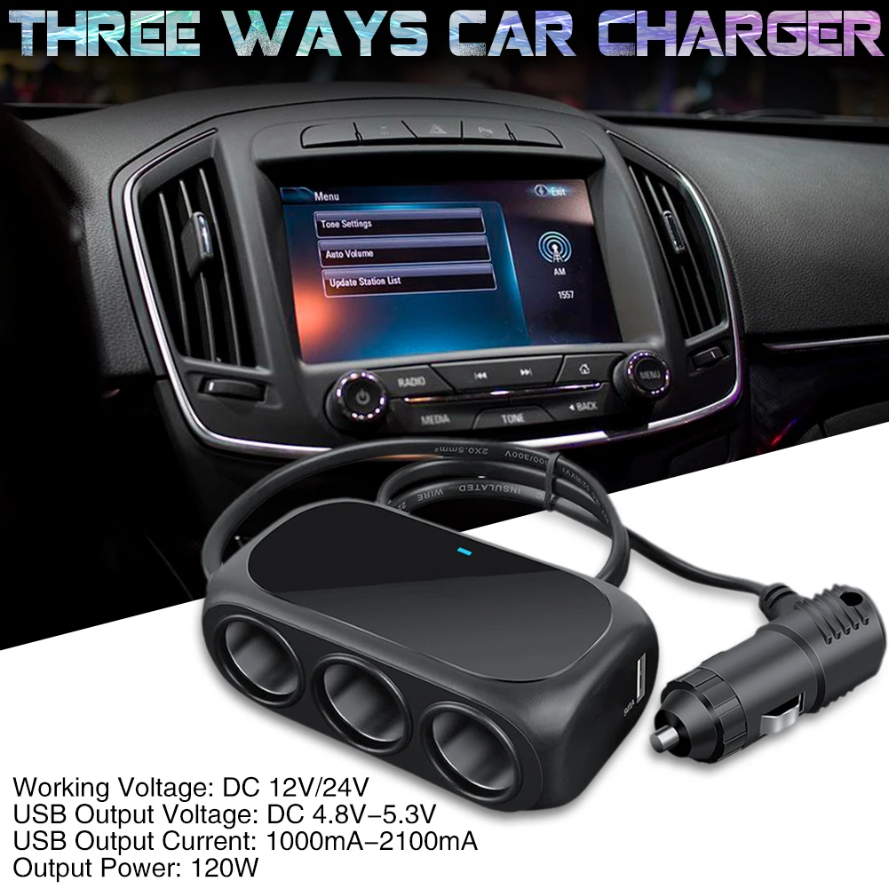 

12V-24V 3 Way Multi Socket Car Charger Vehicle Auto Car Cigarette Lighter Socket Splitter&Dual USB Ports Plug Adapter Universal