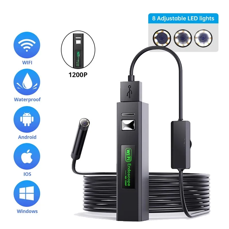 

Endoscope Camera 8mm 8 LEDs Industrial Inspection Borescope Camera 1200P 2.0MP Mini Camera IP67 Waterproof For Iphone Android