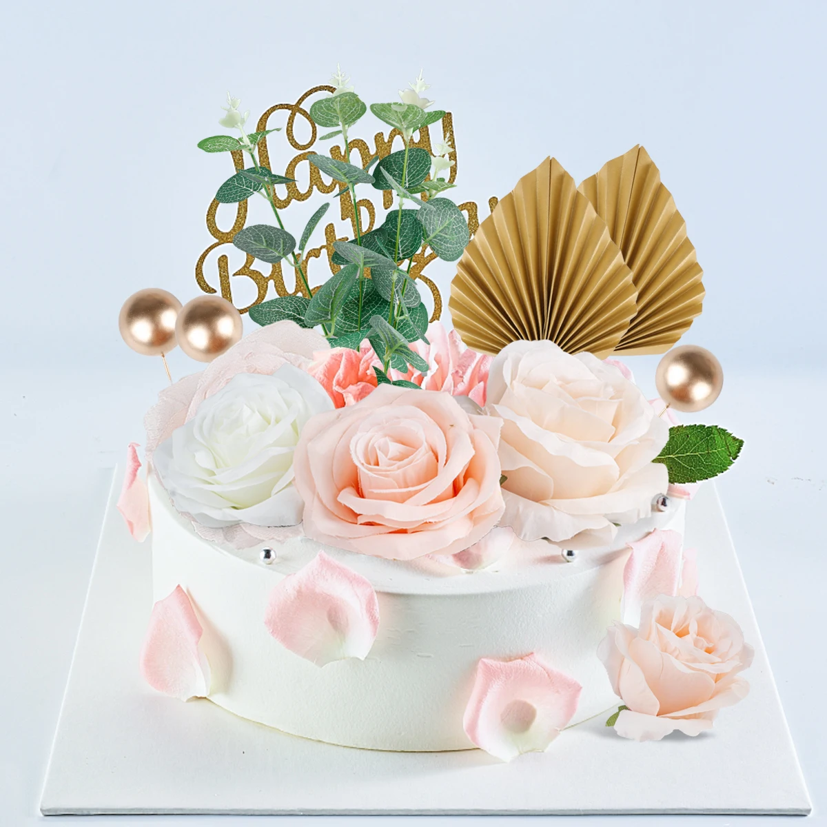 

22Pcs Cake Decorations Gold Balloon Artificial Rose Flowers Leaves Cake Decorations DIY Birthday Party Wedding Valentine's Day