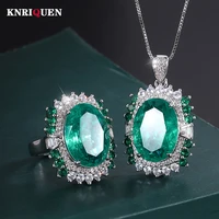 luxury 1318mm emerald gemstone pendant necklace rings for women lab diamond wedding fine jewelry set gift statement wholesale