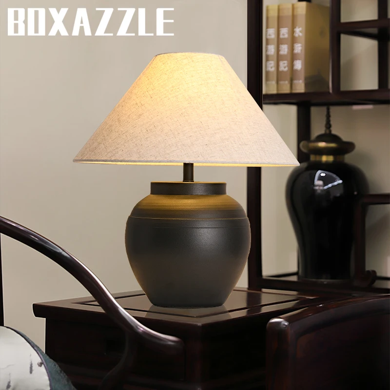 

Qiji Style Pottery Pot Table Lamp Black Vintage Hall High-End Decoration Designer Chinese Style Villa Living Room Table Lamp