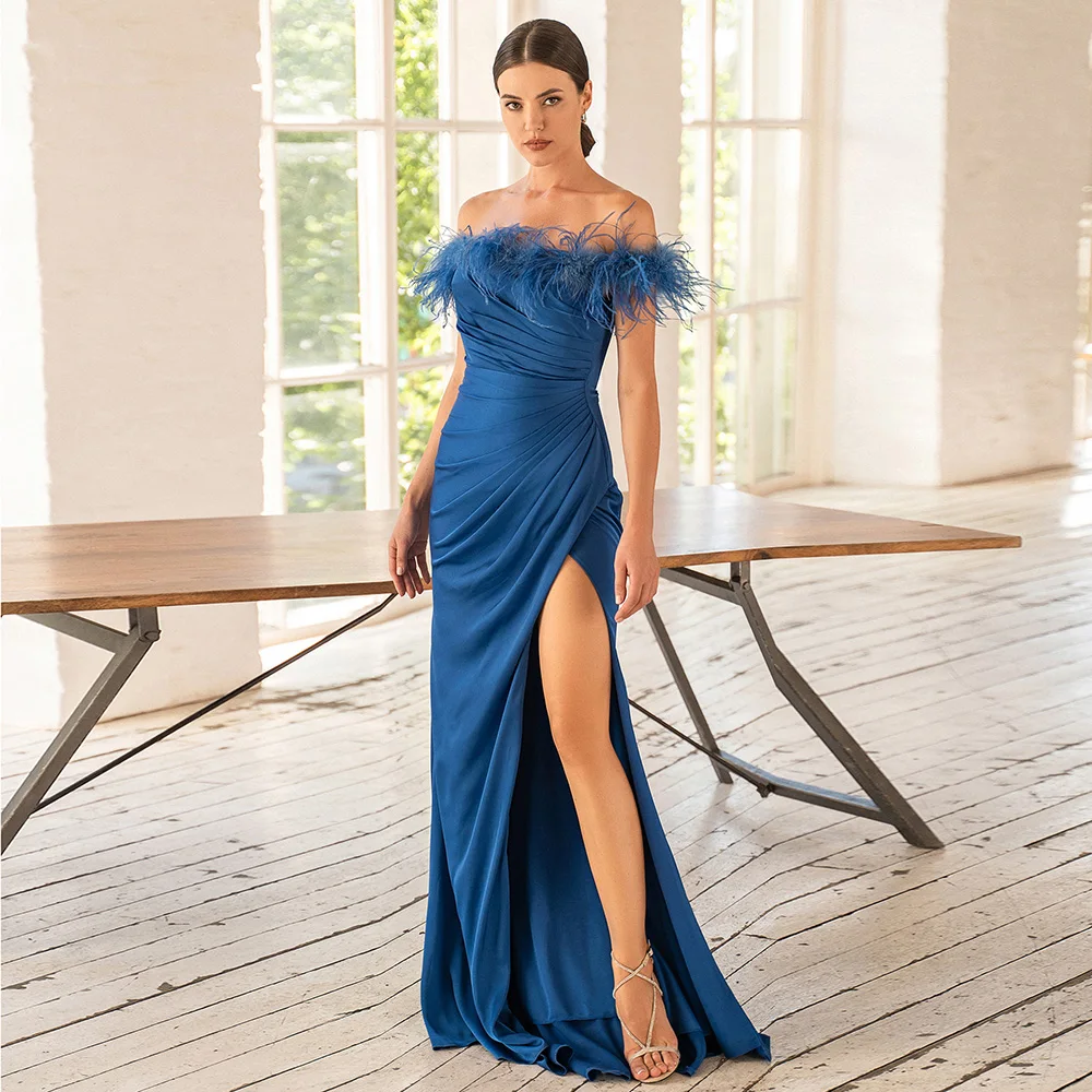 

2023 New Off-shoulder Feathers Prom Dresses High Split Evening Party Gown Vestido de Festa Sexy Blue Mermaid New Year Dress