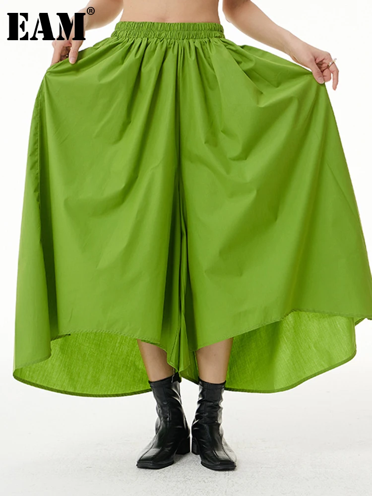 

[EAM] High Elastic Waist Green Irregular Wide Leg Trousers New Loose Fit Pants Women Fashion Tide Spring Autumn 2022 1DE6975