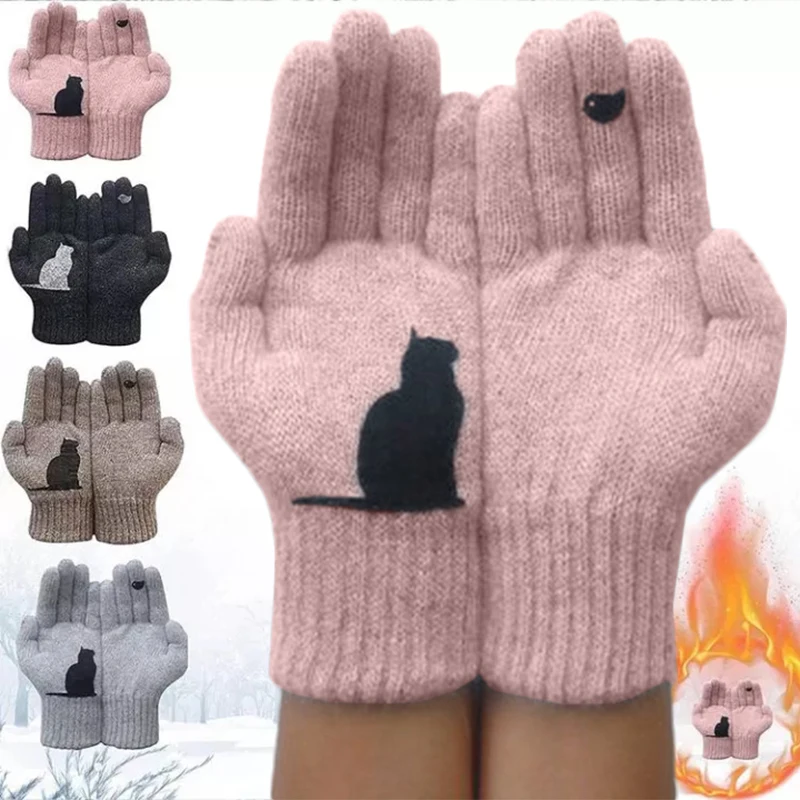 

Зимние теплые кашемировые перчатки, плотные шерстяные вязаные перчатки с мультяшным принтом птицы, кота, закрывающие пальцы, мягкие трикотажные варежки для мужчин и женщин