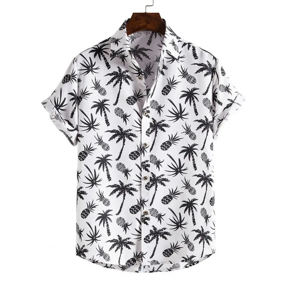 

2022 Summer New Men's Slim Fit Short Sleeve Turn-down Collar Hawaiian Shirt Beach Travel Casual Striped/Tree Printed Shirt
