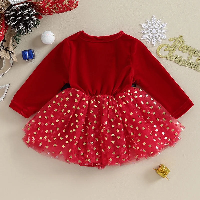 

Baby Girls Rompers Dress Christmas Clothes Square Buckle Belt Sequins Stars Layered Tulle Skirt Hem Long Sleeve Bodysuits