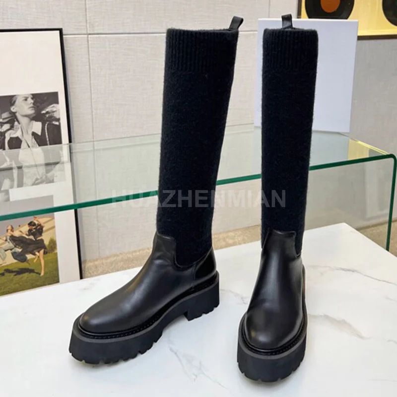 

Женские длинные ботинки, новинка осень-зима, дизайнерские ботинки из натуральной кожи на высокой платформе с круглым носком, модная универсальная женская обувь