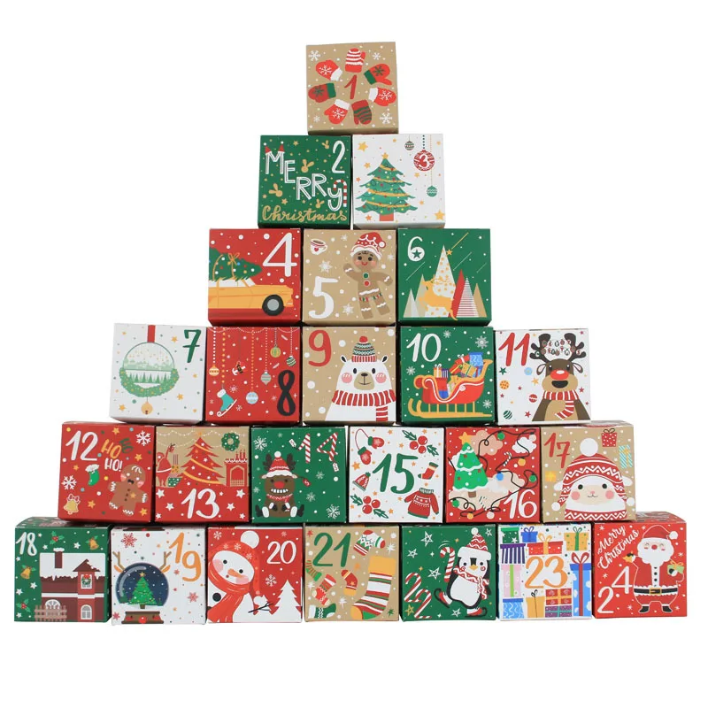 

24pcs Merry Christmas Countdown Surprise Box Kraft Paper Candy Box New Year Favors Kids Toy Decoracion Navidad 2023 Xmas Decor