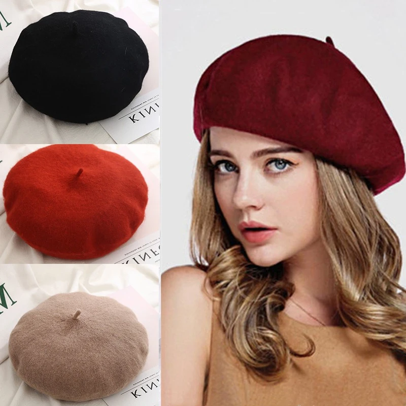 

Vintage French Plain Beret Caps Beanie Hat For Women Girl French Artist Warm Wool Winter Beanie Hat Cap Vintage Plain Berets