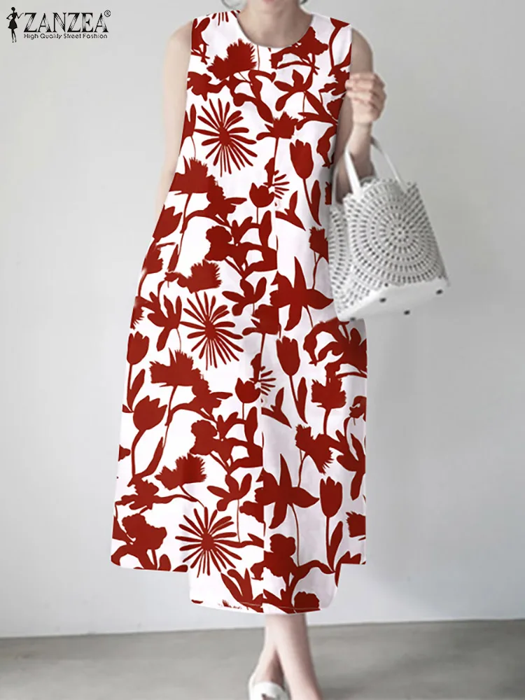 

ZANZEA Holiday Midi Dress Women Elegant Sleeveless Robe Femme 2022 Summer Printed Tank Vestido Casual Retro Beach A Line Dresses