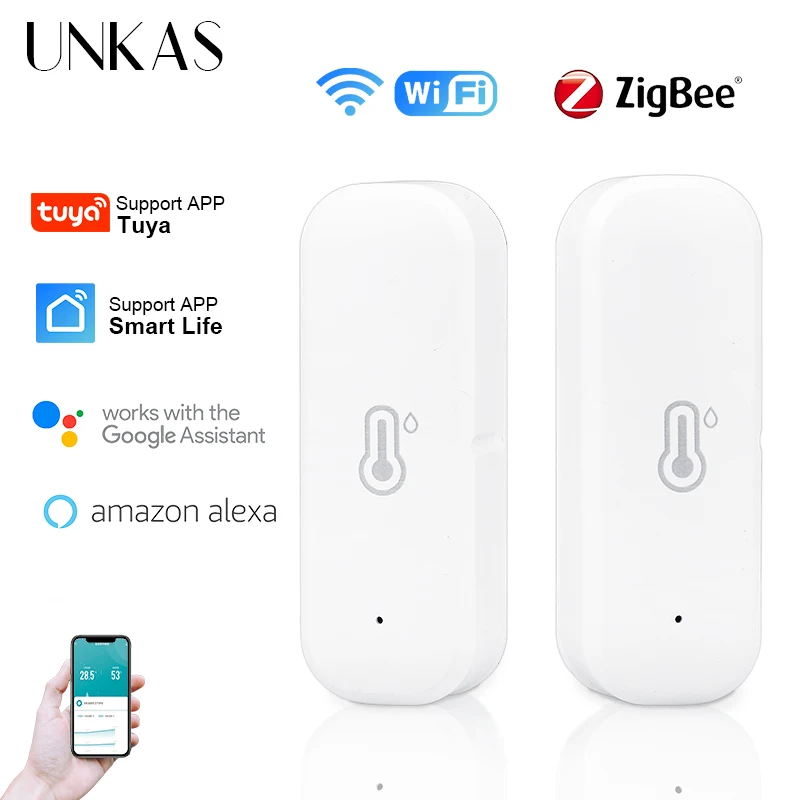 

Умный датчик температуры и влажности UNKAS Tuya ZigBee/Wi-Fi, работающий на батарейках, работает с Alexa Google Home