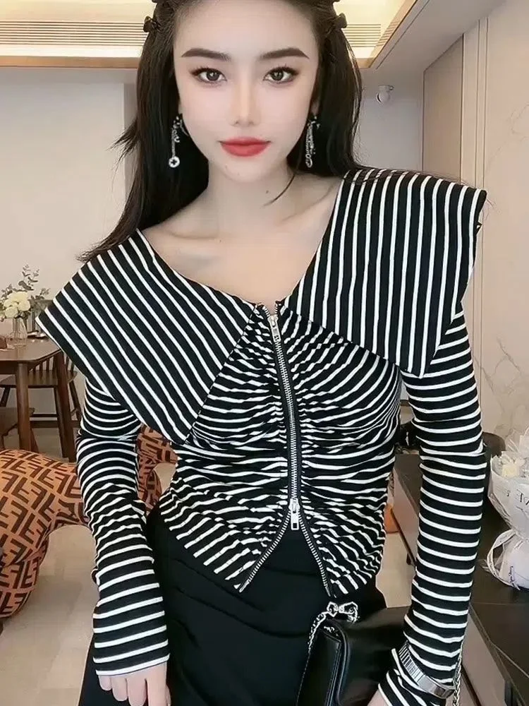 

2022 Fashion stripe Double Zip Cardigan Women Top autumn New Sailor Collar Slim Fit Temperament Long Sleeve T-Shirt Chic tops