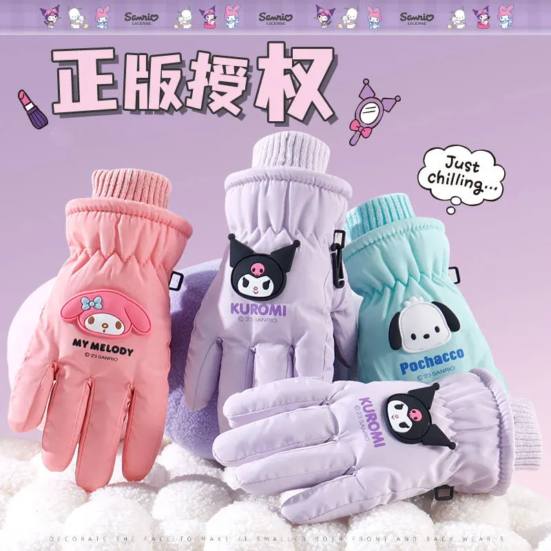 

Оригинальные детские лыжные перчатки Sanrio Kuromi, зимние мягкие ветрозащитные Антифриз для игры в снег, для мальчиков и девочек