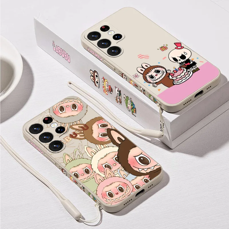 Cute elf L-LABUBU Phone Case For Samsung Note 8 9 10 20 M10 12 13 14 21 30 31S 33 51 52 62 A02S A25 Liquid Left Rope Funda