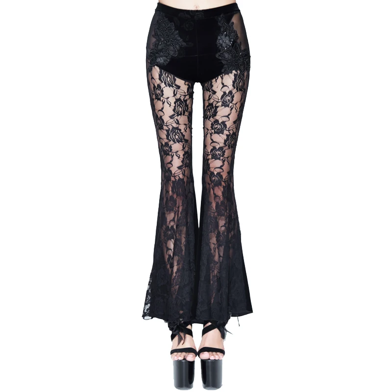 EVA LADY New New Gothic Pants Women's Black Lace Long Flare Pants See Through Sexy Lady Elastic High Waist Pants