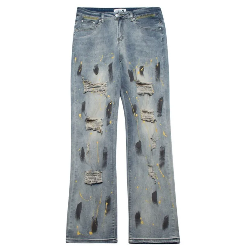 

Brush Painting Inkjet Hole Jeans 2022 Autumn And Winter Man New Papolar Loose Straight Wide Leg Trousers High Street Jeans