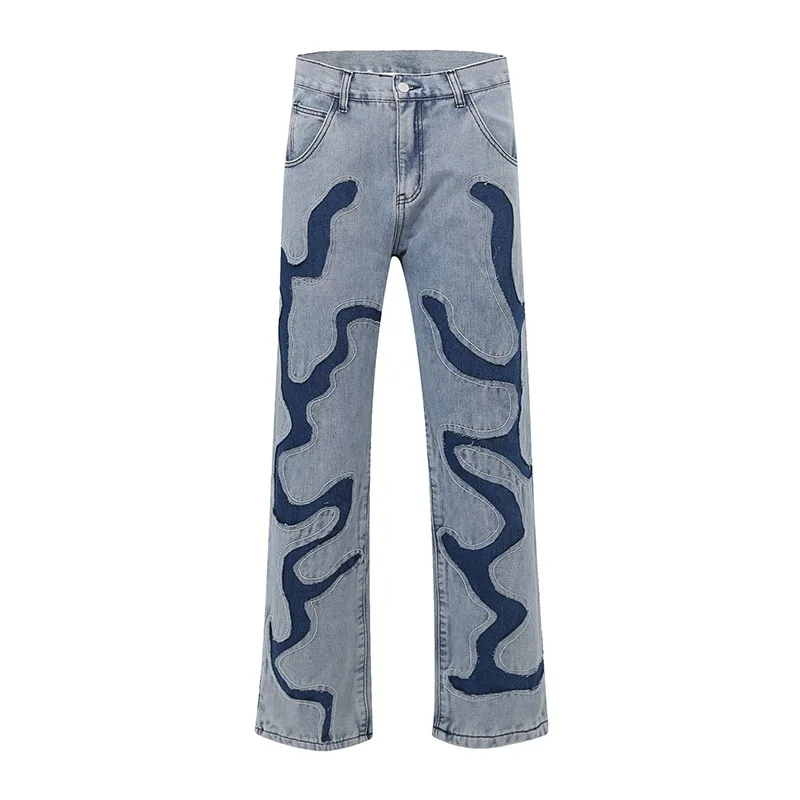 

2023 Hip Hop Pleated Caual Jeans Pants Blue Ripped Streetwear Denim Trousers For Male Straight