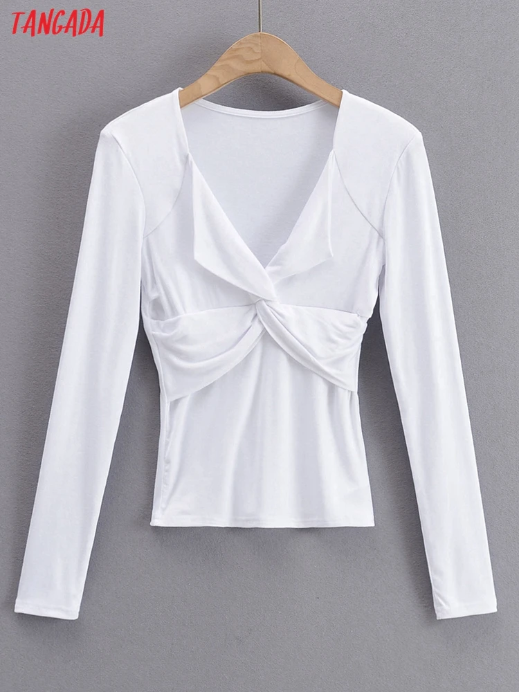 

Tangada Women Elegant Pleated Bow T Shirt Long Sleeve V Neck Tees Ladies Tee Shirt Top 4P110