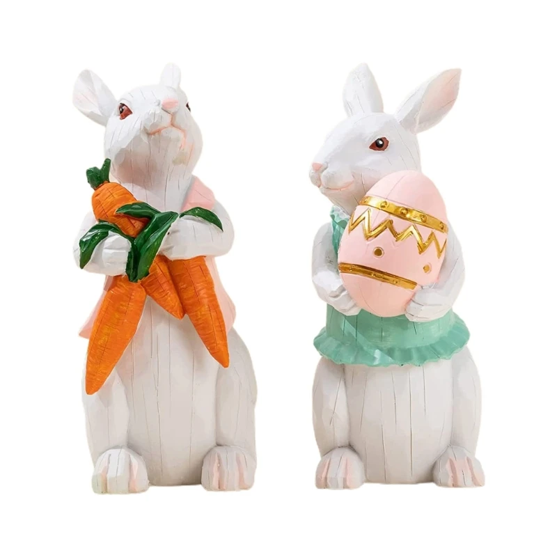 

K92A Easter Bunny Figurines Rabbit Statues Hand-Painted Resins Ornaments Spring Easter Decorations for Party and Home Decors