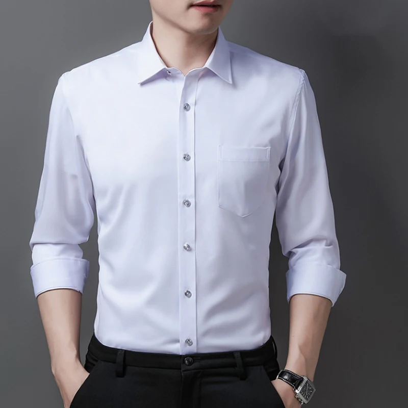 New Men's Silk Slip Shirt Long Sleeve Shirt Autumn and Winter Comfortable Business Leisure Elastic Wrinkle Free Iron Solid Color