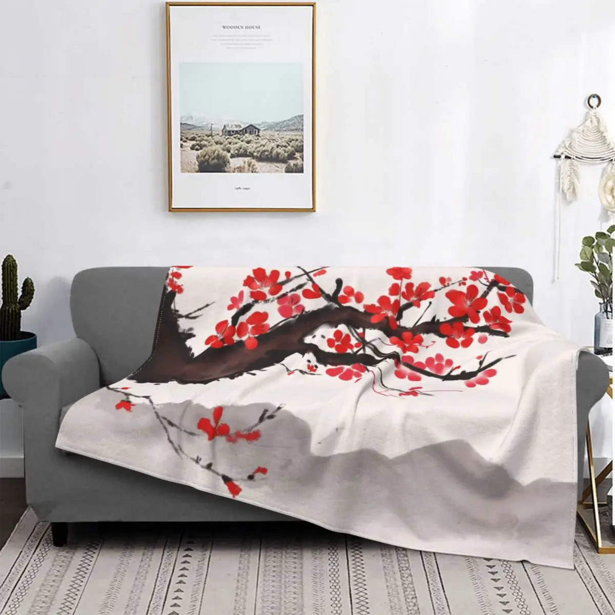 

Fleece Blooming Sakura Branch Throw Blanket Warm Flannel Cherry Blossom Japanese Flower Blankets for Bed Travel Bedspreads