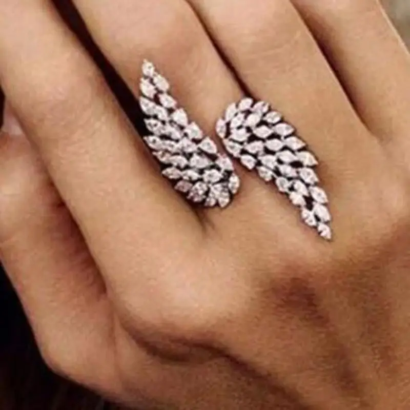 

Angel Wing Feather Full Cubic Zirconia Pave S925 Sterling Silver Women Bridal Engagement Adjustable Ring Jewelry Addiction