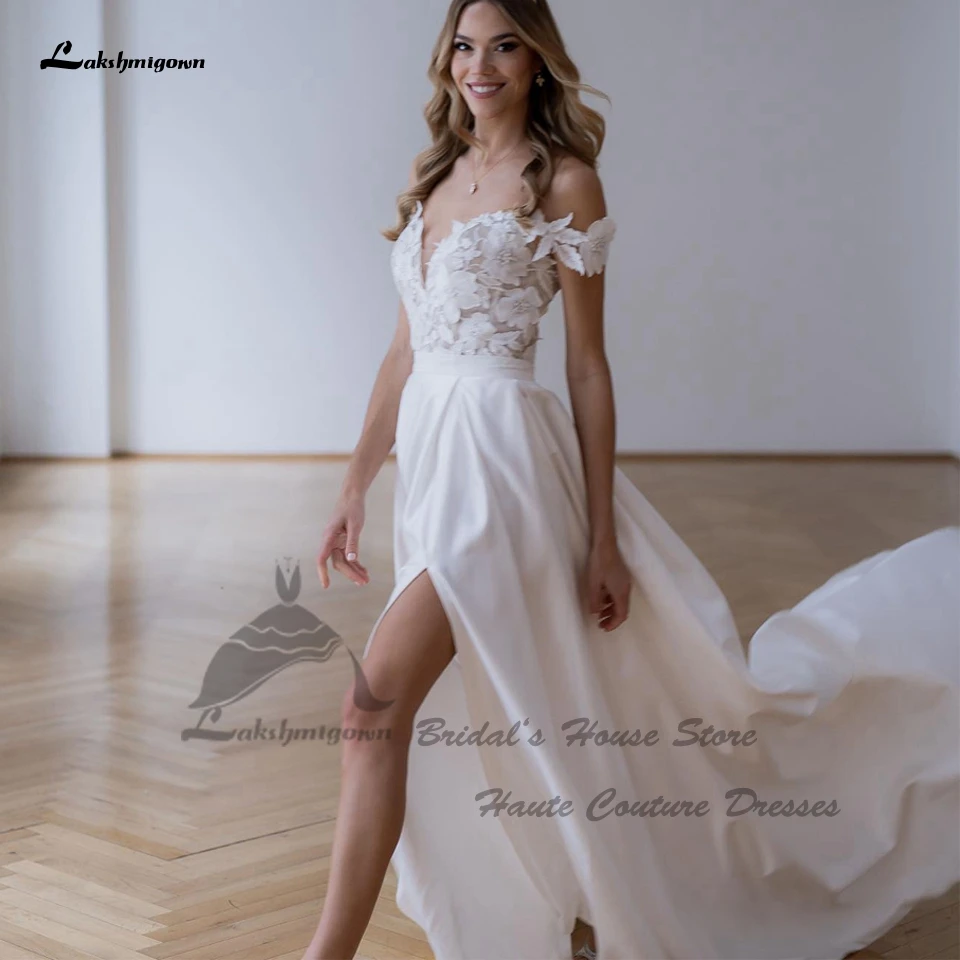 

Lakshmigown простые трапециевидные атласные свадебные платья кружевные с открытыми плечами 2024 сексуальные женские длинные пляжные свадебные платья с разрезом сбоку