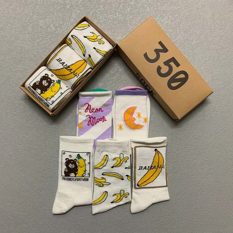 3 Pairs/Box Cute Banana Moon Stockings Cotton Harajuku White College Style Soft Cartoon Gifts Pack Funny Long Men Women Socks
