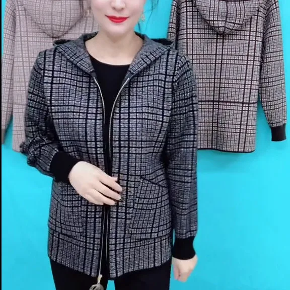 

Spring Autumn Women's 2023 New Korean Elegant Hooded Loose Plaid Coats Famale Casual Zipper Long Sleeve Jackets Outwear Z134