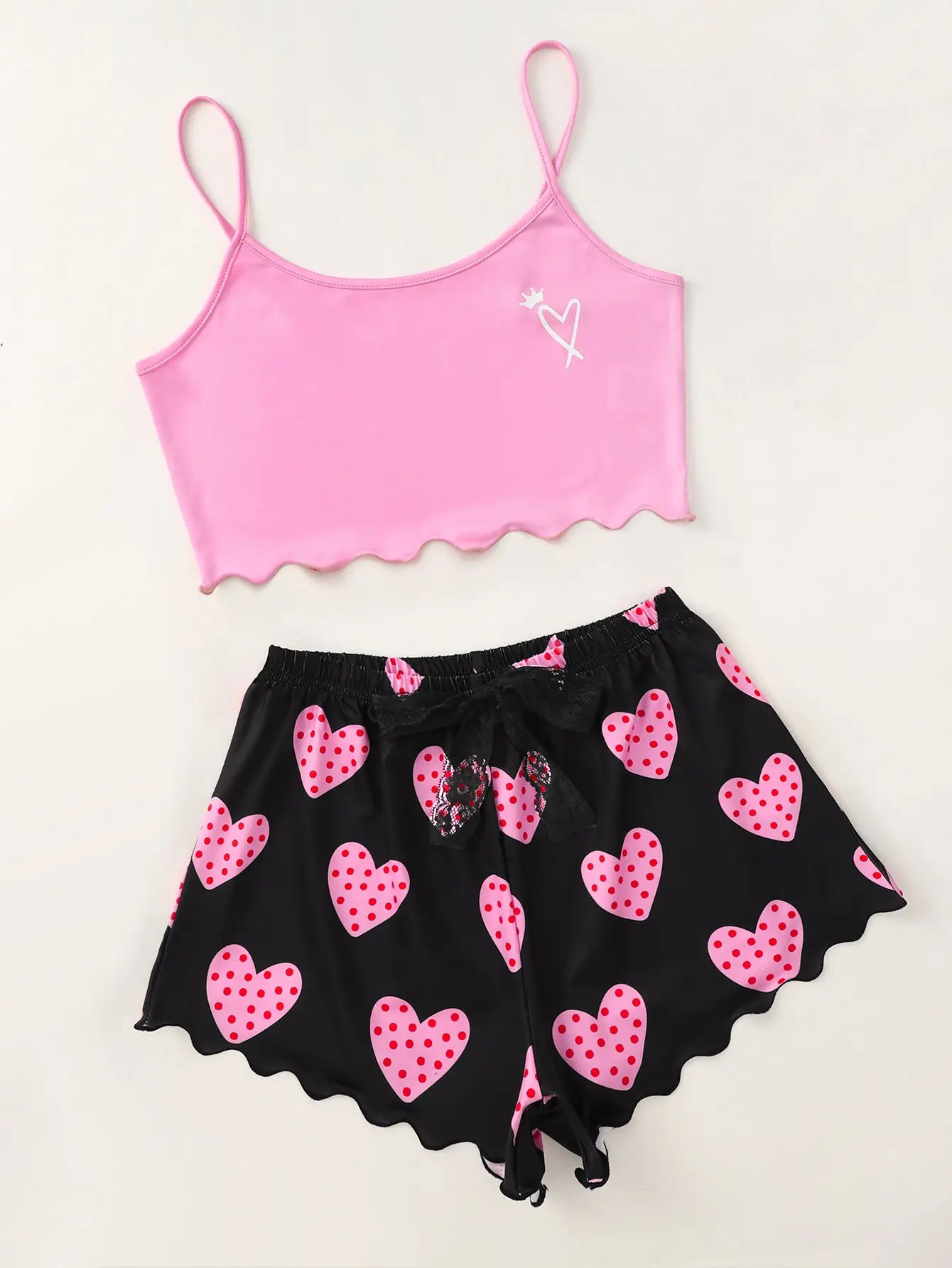 Heart-Shaped Print Halter Tops and Lace Bow Upholstered Shorts Housecoat Pajama Set Fashion Sexy Home Women's Underwear Pajamas
