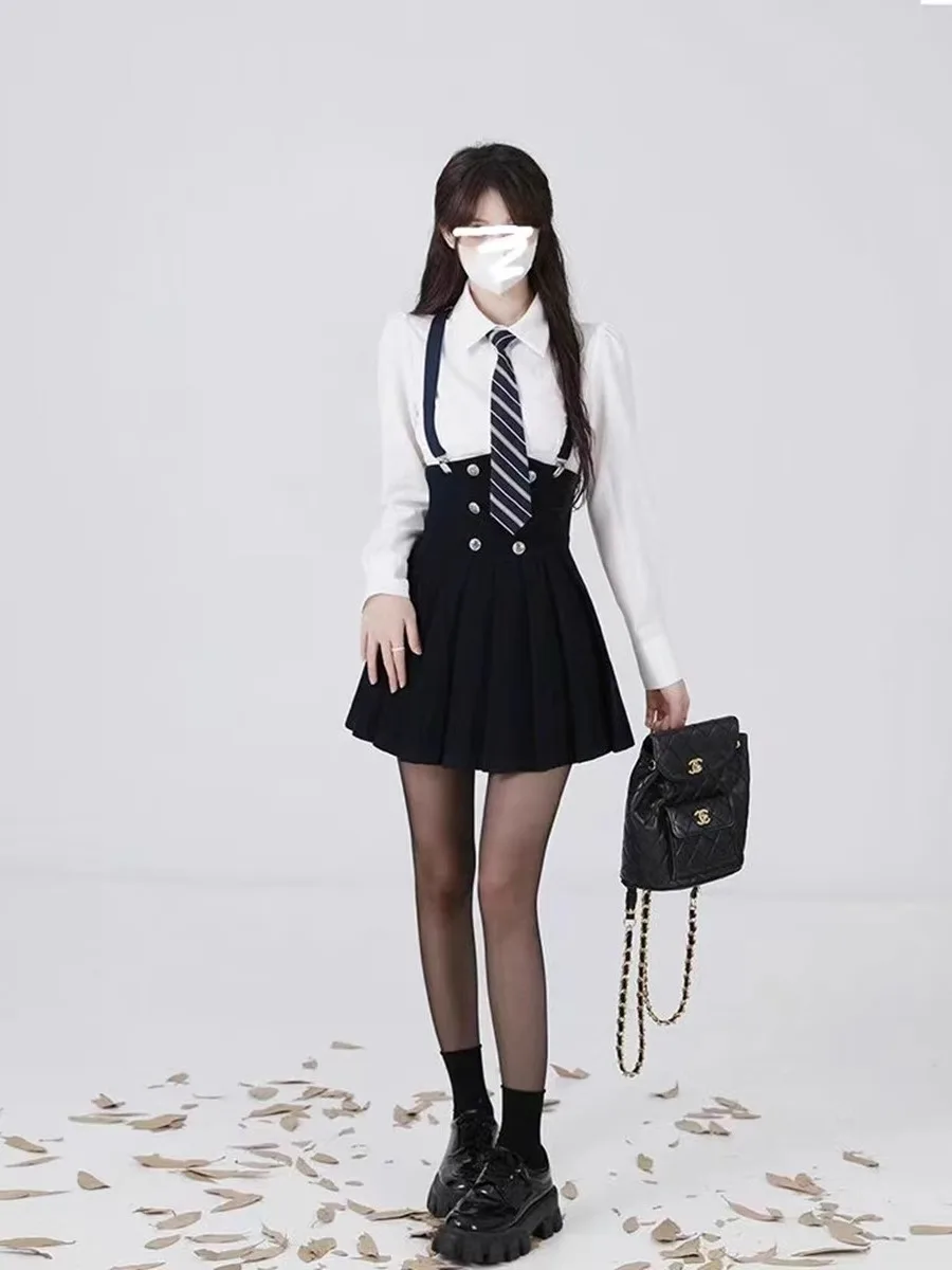 Preppy Jk Uniform Set Spring and Autumn American Short s Gyaru Shirt High Waist Pleated Skirt Three-Piece
