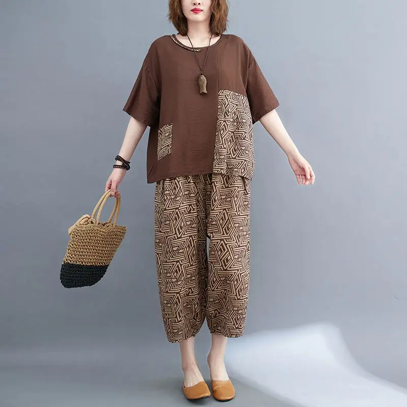 Футболка и укороченные штаны из чистого хлопка для женщин Свободный