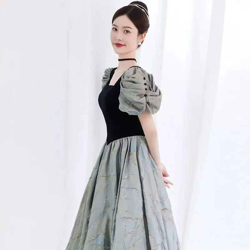 

Classic Dusty Blue Prom Dress Empire Short Sleeves Square Collar Formal Party Ankle Length Pleated Evening Gowns Vestido De Gala