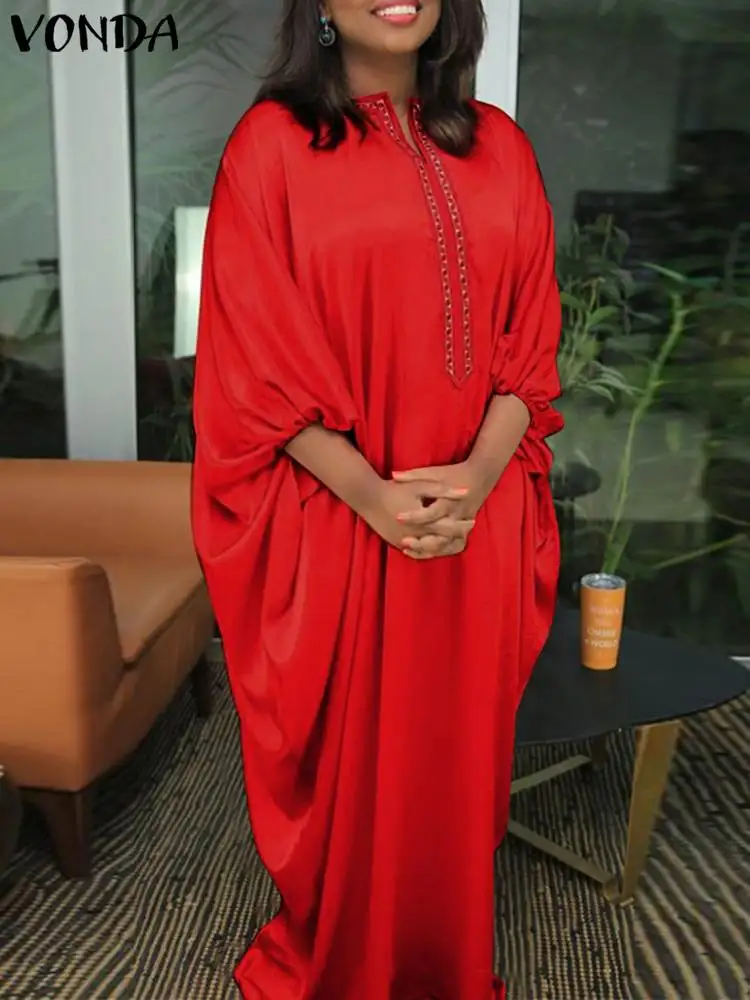 

Holiday Women Dress VONDA 2022 Vintage 3/4 Sleeve Party Dress Casual Loose Vestidos Oversized Summer Sundress Femininas 4#