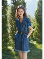 ziqiao womens retro temperament suit lapel denim jumpsuit blue denim one piece shorts 100 cotton high waist jumpsuits