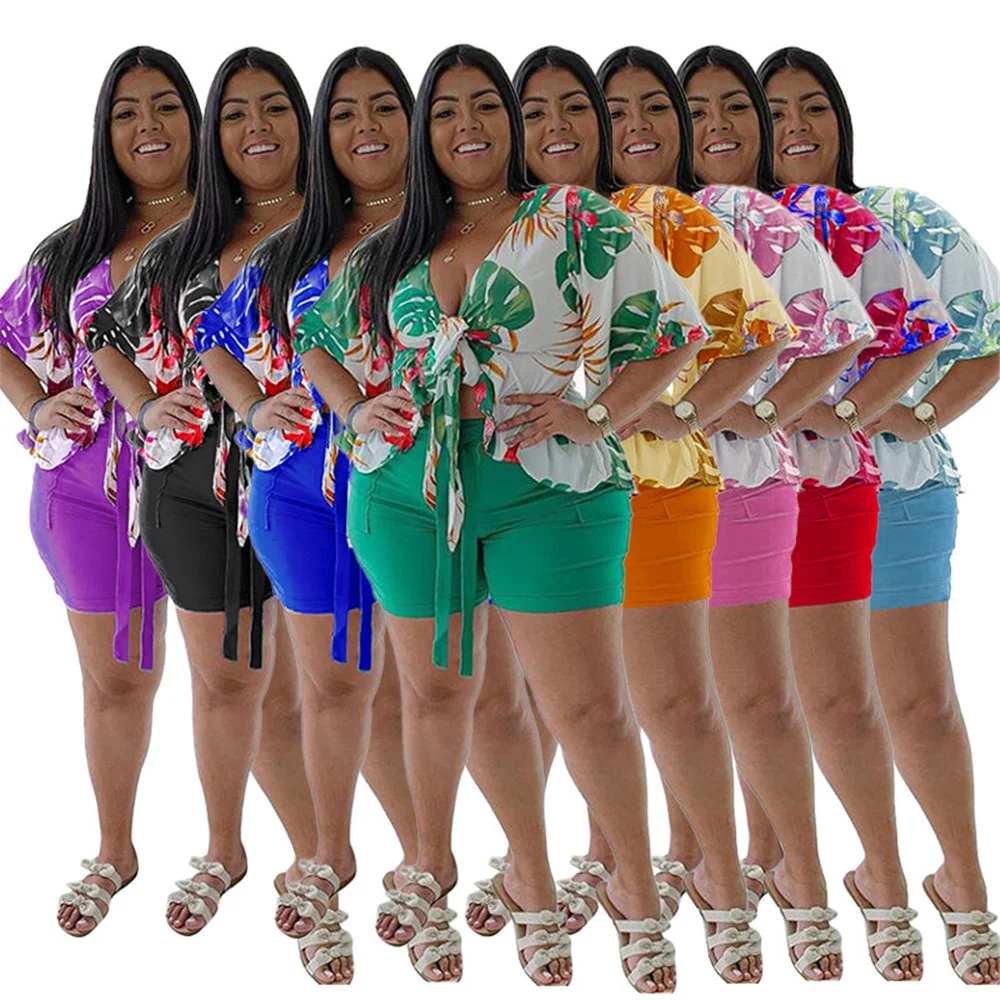Plus Size Two Piece Set Women Summer Flowers Print Crop Top Short Sets Beach Style Matching Set Wholes 3xl 4xl 5xl 6xl