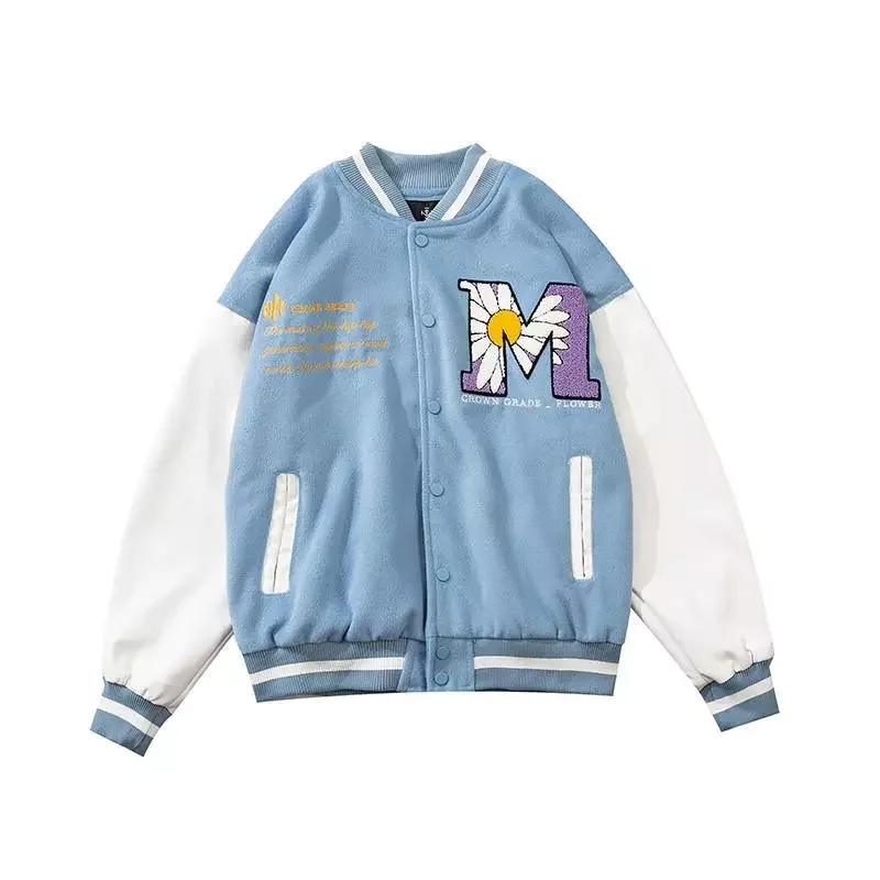 

NEW IN Patchwork Baseball Jacket Mens Letter Daisy Flowers Patch Leather Bomber Jackets women Autumn Streetwear Coats