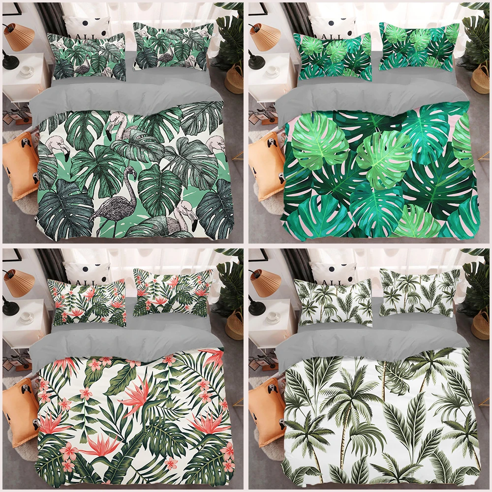 

Комплект постельного белья из 2/3 предметов с пододеяльником и 3D принтом зеленых тропических листьев