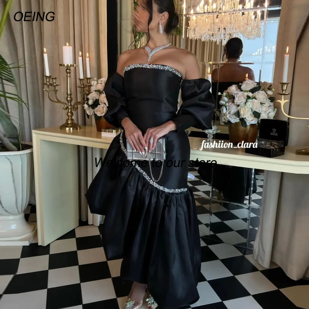 

OEING Strapless Evening Dresses فساتين السهرة Black Satin Half Sleeves Party Gowns Prom Dress Ankle Length Robe de soirée