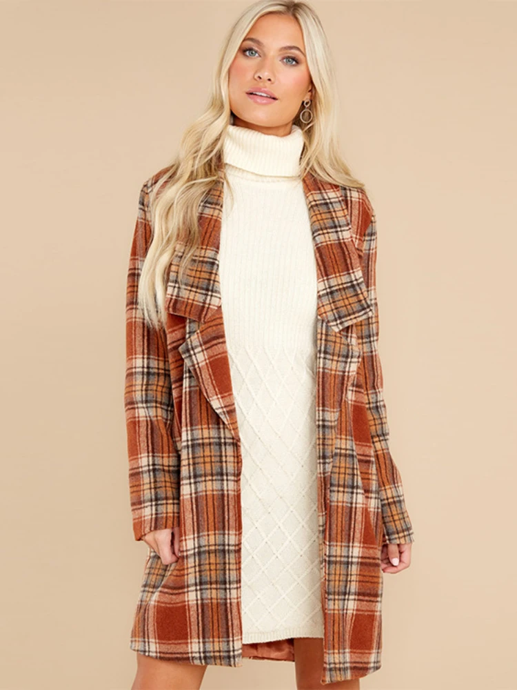 

Long Sleeve Elegant Casual Wool Women Autumn Winter Solid Color Sweet V Neck Korean Loose Vintage Fashion Long Coat Blends 2022
