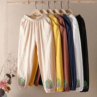 ethnic style summer casual cotton linen pants women high waist retro embroidered baggy trousers bottoms womens bloomers pants